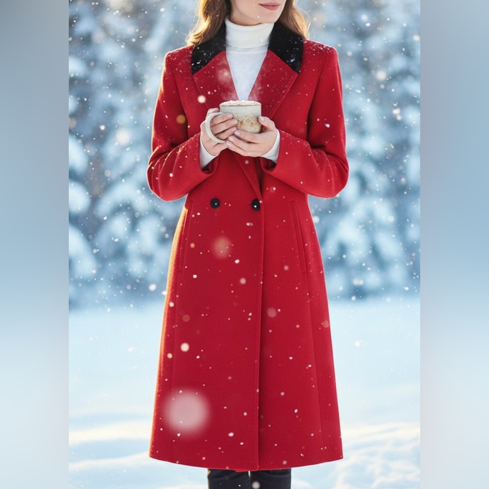 International Scene Red/black wool full‎ length coat .